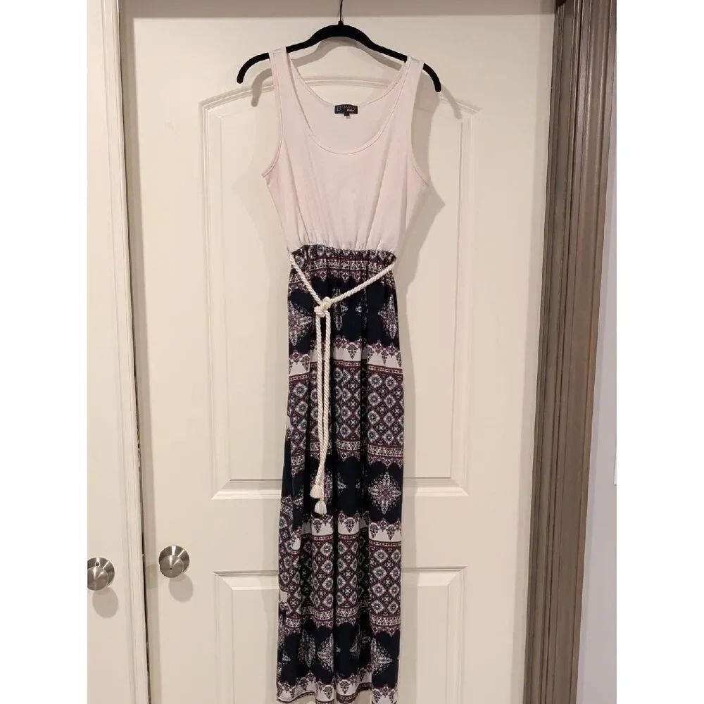 Sleeveless White & Navy Printed Maxi Dress with Rope Belt